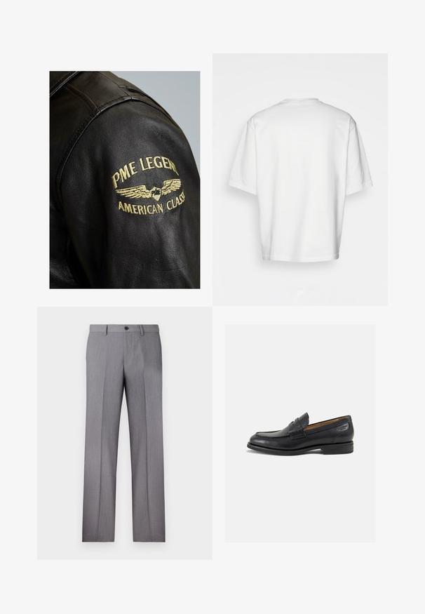 PME Legend GREENVILLE - Usnjena jakna - black; Bela kratka majica s kratkimi rokavi, ohlapnega kroja, okroglega izreza, gladkega bombažnega materiala, brez okrasitev na hrbtni strani, ravna obroba, brez vzorcev ali naglasov.; Sive prirejene hlače z ravnim sprednjim delom, dvema stranskima žepoma in enojnim gumbom za zapiranje. Gladka tekstura z diskretno črtasto vzorcem.; Črne usnjene loafers cipele z gladko površino, zaobljenim nosom in dekorativnim šivom na vampu. Nizek zloženi peti in rahla sijaj.