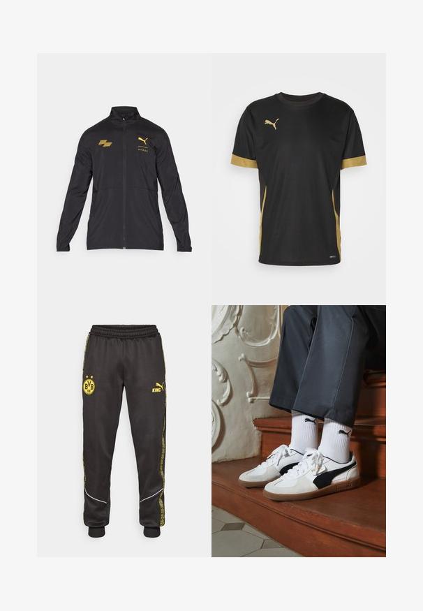 Puma HYROX RUN JACKET - Træningsjakke - black; Sort sports T-shirt med gyldne detaljer på ærmerne og siden. Den har rund hals, korte ærmer og svedtransporterende DRYCELL-stof.; Sorte træningsbukser med gule Borussia Dortmund BVB 09 og Puma King logoer, elastisk talje, og mønstrede gule side-striber.; Puma sneakers i hvid og sort ruskind med en brun gummisål. Bæres med hvide sokker med et sort logo og mørke bukser.