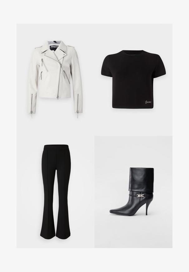 Weiße Lederbikerjacke mit Reißverschlusstaschen, einem Reverskragen und silbernen Hardware-Akzenten. Verfügt über einen asymmetrischen Reißverschluss vorne.; Schwarzes T-Shirt mit kurzen Ärmeln aus Baumwolle. Verfügt über einen runden Halsausschnitt und ein kleines silbernes "Guess"-Logo auf der unteren linken Seite.; Schwarze, ausgestellte Hose aus einem dehnbaren Material mit glatter Textur, ausgestattet mit Nahtdetails an der Vorderseite für ein zusätzliches Designelement.; Schwarze Leder-Ankle-Boots mit spitzer Zehenpartie, hohen Stiletto-Absätzen, umgeschlagenem Schaft und einem goldenen dekorativen Schnallen-Detail an der Knöchel.