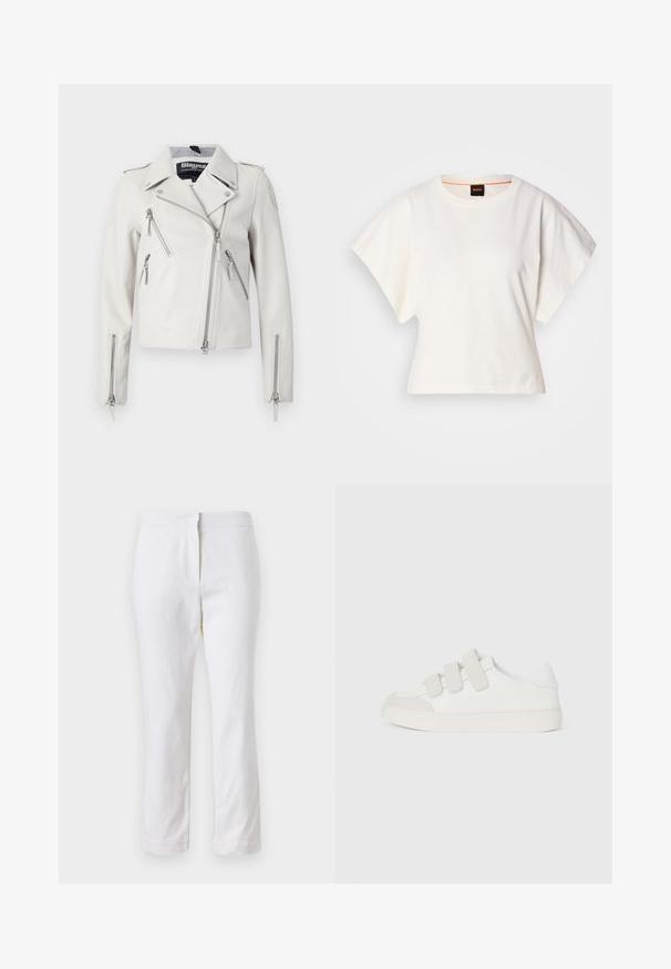 Valkoinen nahkainen moottoripyöräyntakki, jossa on vetoketjulliset taskut, lovellinen kaulus ja hopeanväriset yksityiskohdat. Sisältää epäsymmetrisen etuvetoketjun.; Valkoinen lyhythihainen t-paita, leveät lyhyet hihat, pehmeää puuvillamateriaalia, pyöreä pääntie jossa hienovarainen oranssi reunus, minimaalinen muotoilu, ei kuvioita tai graafisia elementtejä.; Valkoiset puuvillahousut suoralla lahkeella, joissa on keskikorkea vyötärö ja ei näkyviä varusteita tai kuvioita. Ehjä pinta kauttaaltaan.; Valkoinen lenkkari, jossa on sileä nahkapinta, kolme tarranauhaa varpaankärjessä, pyöreä kärki ja paksu vaalean värinen kumipohja.