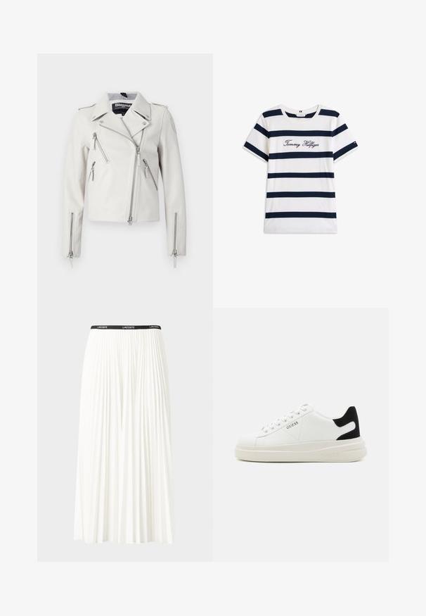 Balta odinė motoristų striukė su užtrauktukais kišenėse, smailiais kraštais ir sidabriniais akcentais. Pasižymi asimetrišku priekinio užtrauktuko dizainu.; Baltos medvilninės marškinėliai su horizontaliomis tamsiai mėlynomis juostelėmis. Ant krūtinės išsiuvinėtas „Tommy Hilfiger“ rašmuo. Apvalus iškirpimas.; Pleated balta sijonas su juodu elastiniu juosmeniu, ant kurio yra "LACOSTE" logotipas. Vidutinio ilgio dizainas su švelnia tekstūra.; Baltos odinės sportbačiai su storu baltu padu, juodu nubuko kulno akcentu ir iškilmingu logotipu šone. Su raišteliais, turinčiais šešis akinius.