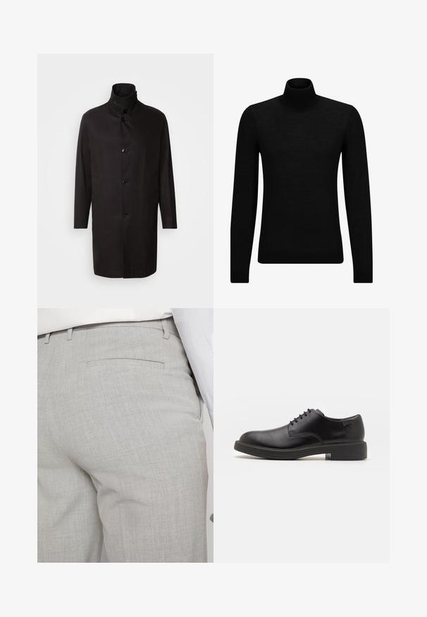 BOSS CLARK - Trenchcoat - black; Black turtleneck sweater made of soft material, featuring long sleeves and a snug fit. Ribbed trim at the hem and cuffs. Simple design.; Light gray tailored trousers made of textured fabric, featuring a single back pocket and clean stitching.; Black leather lace-up shoe with a rounded toe, smooth texture, minimal stitching, and a low rubber heel. Logo on the heel.