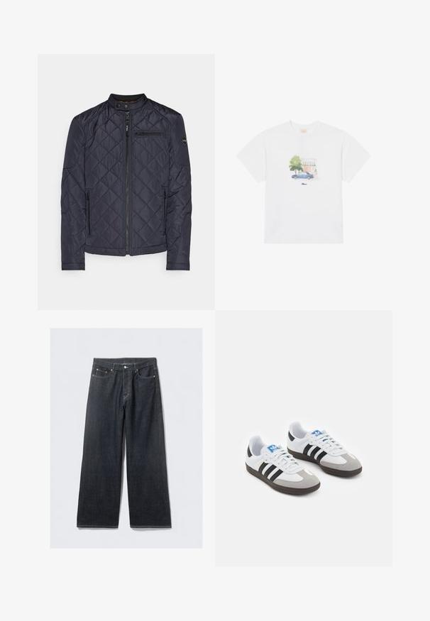 Marineblaue gesteppte Jacke mit Stehkragen, Reißverschluss vorne und seitlichen Taschen. Mit diagonaler Naht und einem Logo am Ärmel.; Weißes Baumwoll-T-Shirt mit einem bedruckten Design eines blauen Autos und eines Baumes in sanften Farben, zentriert auf der Vorderseite über dem Markennamen.; Dunkelblaue, weite Jeans mit hoher Taille, ausgestattet mit Kupfernieten und Kontrastnähten, glatter Textur und ohne sichtbare Muster.; Sportschuhe mit einem Obermaterial aus weißem Leder, grauer Wildleder-Zehenkappe und drei schwarzen Streifen. Sie verfügen über ein blaues Logo auf der Zunge und eine strukturierte Gummisohle.