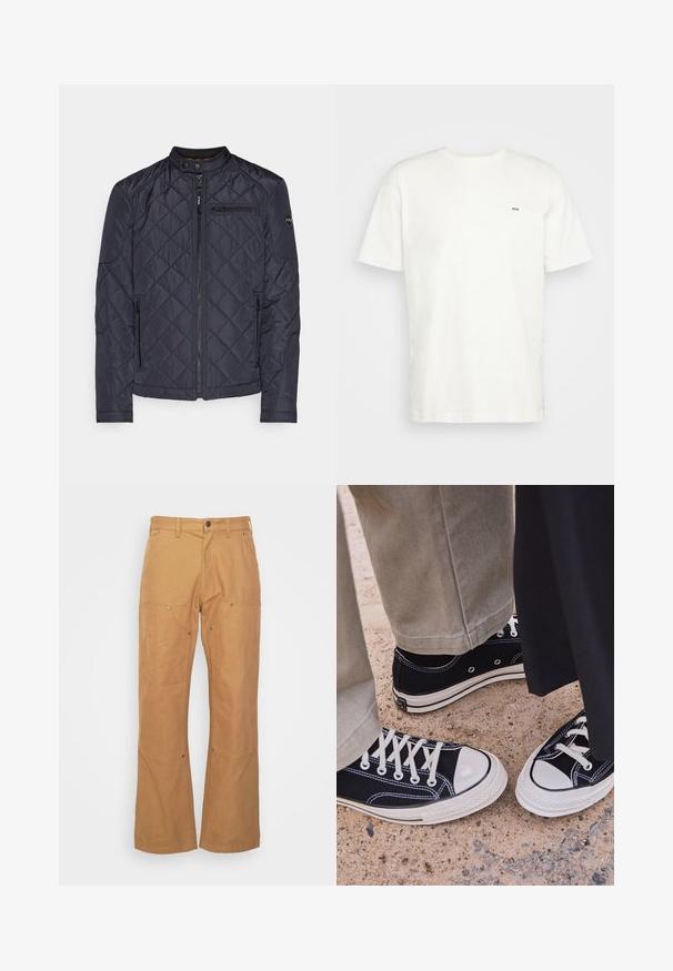 Giacca trapuntata blu navy con colletto alto, chiusura con zip e tasche laterali. Presenta cuciture diagonali e un logo sulla manica.; T-shirt bianca in cotone con scollatura rotonda, maniche corte e un piccolo logo nero "W.W." sul lato sinistro del petto. Tessuto liscio, vestibilità regolare.; Pantaloni cargo marroni realizzati in tessuto resistente, con tasche laterali, dettagli in metallo, gamba dritta e vita regolare.; Sneakers neri in tela con punte e lacci bianchi in gomma. Le cuciture a contrasto e i fori in metallo aggiungono dettagli. Indossati con pantaloni beige e un tessuto nero.