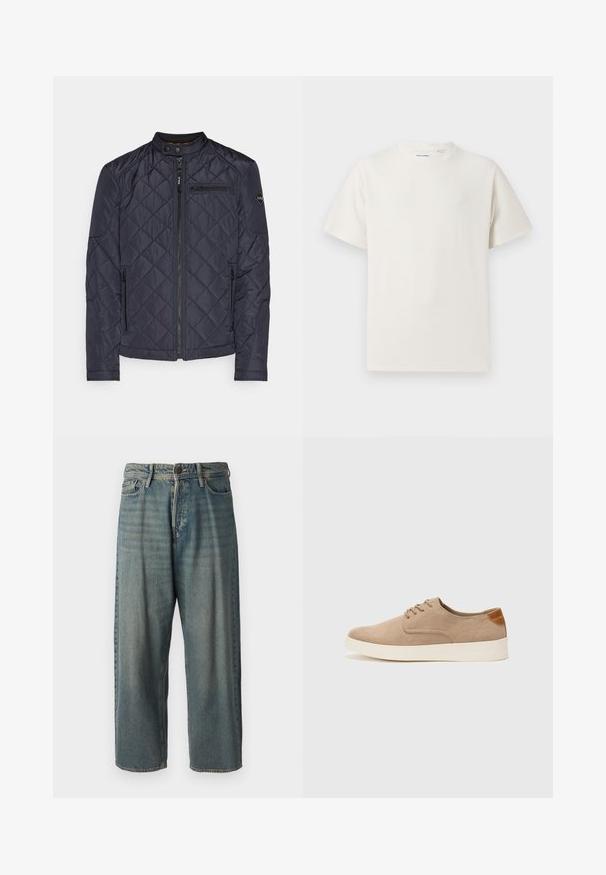 Marineblaue gesteppte Jacke mit Stehkragen, Reißverschluss vorne und seitlichen Taschen. Mit diagonaler Naht und einem Logo am Ärmel.; Weißes T-Shirt mit kurzen Ärmeln in gerippter Textur. Runder Ausschnitt, lockere Passform, keine sichtbaren Muster oder Akzente. Einfaches und vielseitiges Design.; Helle blaue Denim-Jeans mit lockerer Passform, mittelhoher Taille und geraden Beinen. Hat fünf Taschen, Gürtelschlaufen und einen Knopfverschluss.; Beige Wildleder-Sneaker mit runder Zehenpartie, Schnürung und strukturiertem Rückenteil. Die weiße Gummisohle sorgt für einen Kontrast. Einfaches und modernes Design.