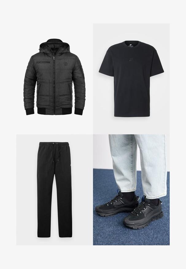 Gewatteerde zwarte jas met ritssluiting, capuchon en geribbelde manchetten. Voorzien van twee zijzakken en een borstzak met rits. Soepele textuur.; Zwarte katoenen t-shirt van Nike met een klassieke ronde hals, korte mouwen en een subtiele, reliëflogo op de borst. Gladde textuur.; Zwarte sweatpants van fleece, met een elastische tailleband met trekkoorden, twee voorzakken en een klein logo op de dij.; Zwarte sportschoenen met gestructureerde stof en rubberen zolen, met elastische veters en een blauwe accent op de hiel. Draag samen met lichte spijkerbroeken.