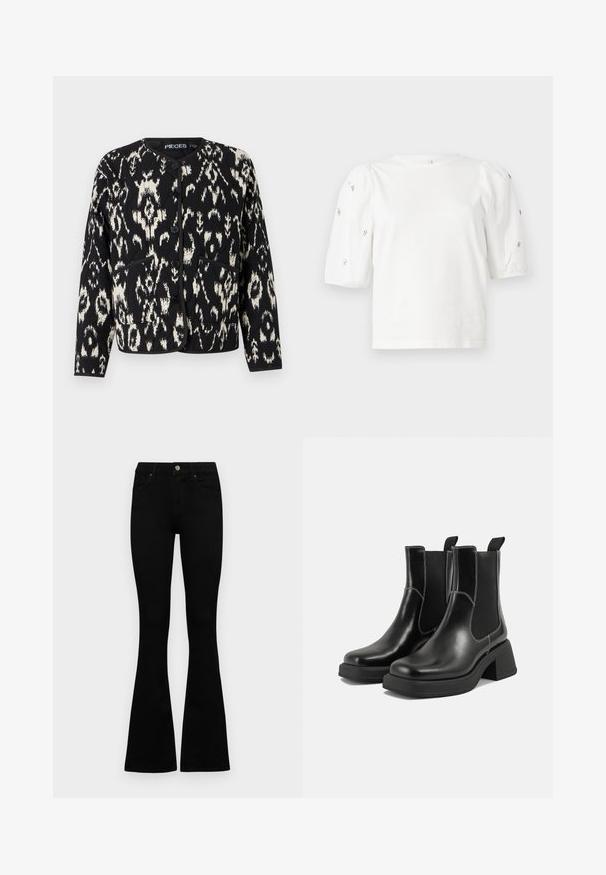 Svart og kremfarget mønstrete jakke med rund hals, lange ermer, knappelukking og to frontlommer. Mykt teksturert stoff.; Hvit bomull T-skjorte med korte pufferm, med små sølvdekorasjoner langs ermene. Klassisk rund hals, avslappet passform.; Sorte høytlivsjeans med knapp og glidelås, frontlommer og utsvingte bein liggende flatt på en hvit bakgrunn.; Sorte lær Chelsea støvler med en kraftig hæl, elastiske sidepaneler og kontrasterende hvid syning. Teksturert overflate.