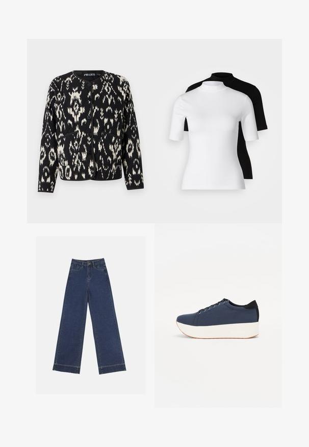 Melnā un krēma krāsā ar rakstu veidota jaka ar apaļu apkakli, garām piedurknēm, pogu aizdari un divām priekšējām kabatām. Mīksta teksturēta auduma.; Divu piemērotu augsto apkakļu topu komplekts melnā un baltā krāsā. Īsas piedurknes, gluda kokvilnas auduma, cieši pieguļošs dizains. Nav rakstu vai grafikas.; Platās kājas džinsi tumši zilā denima krāsā. Iespējas: piecas kabatas, siksnu cilpas un neapstrādāta apakša ar redzamām šuvju detaļām.; Navy zilo apavi ar strukturētu auduma augšdaļu, baltu platformas zoli, noapaļotu pirkstu daļu un melnu papēža akcentu. Iekļautas sešas acs caurumi šnuķēšanai.