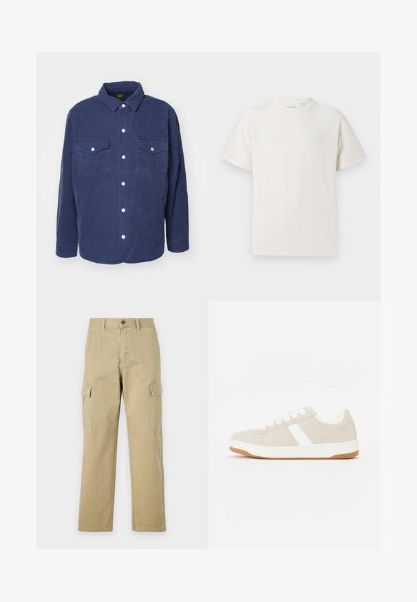 Navy quilted shirt jacket with two chest pockets, snap buttons, and a standard collar. Features a textured pattern and relaxed fit.; White short-sleeve T-shirt in a ribbed texture. Round neckline, relaxed fit, no visible patterns or accents. Simple and versatile design.; Beige cargo pants made of cotton, featuring two side pockets, a button closure, and straight legs with a slightly textured fabric.; Beige sneaker with white accents, suede texture, rounded shape, lace-up design, and a contrasting gum rubber outsole.