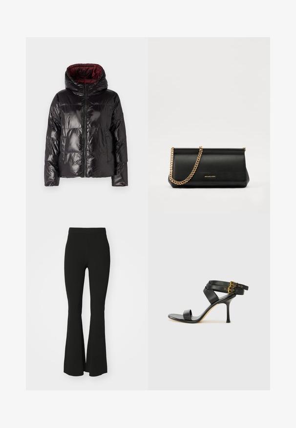 Svart pufferjakke med glanset overflate, med hette, glidelås og bordeauxfarget innerfor. Boksformet med quiltet mønster.; Kremfarget strikket genser med kort arm i svart og rødt geometrisk stjerneslør og sikksakkdekorasjoner på ermene og kanten.; Sorte flared bukser laget av elastisk stoff, med høy livhøyde og en glatt, uornamentert overflate. Enkelt og figurnært design.; Svarte hælsandaler med kryssende stropper og justerbar spenne. Har en jevn tekstur og avsmalnende stilettoklakk.; Svart skinnkuvertveske med en gullkjede-rem, med en glatt tekstur, rektangulær form og preget merkevare på forsiden.