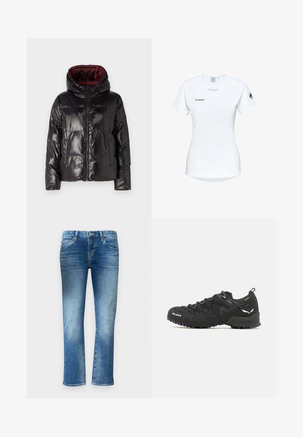 Giacca a vento nera con finitura lucida, caratterizzata da cappuccio, chiusura con zip e fodera interna bordeaux. Forma ampia con motivo trapuntato.; Maglietta atletica bianca a maniche corte con colletto rotondo, dotata di un logo sul petto e una texture di tessuto liscia e leggera.; Jeans in denim azzurro chiaro con un design a gamba dritta, sfumature sottili e vita media. Presenta cinque tasche e passanti per cintura.; Scarpe da trekking nere con tomaia in tessuto testurizzato, sistema di allacciatura e suola in gomma robusta. Accentuate da dettagli riflettenti e loghi.