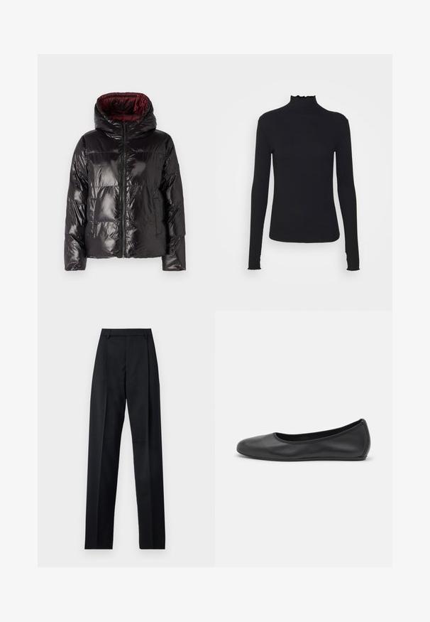 Black puffer jacket with a glossy finish, featuring a hood, zip closure, and burgundy inner lining. Boxy shape with quilted pattern.; Black long-sleeve turtleneck top made of smooth fabric, featuring a ruffled neck and fitted silhouette with simple edges.; Black trousers made from smooth fabric featuring a high waist, wide legs, front pleats, and classic belt loops. No side pockets visible.; Black leather ballet flat with a rounded toe, smooth texture, minimal stitching detail, and a flexible sole design.