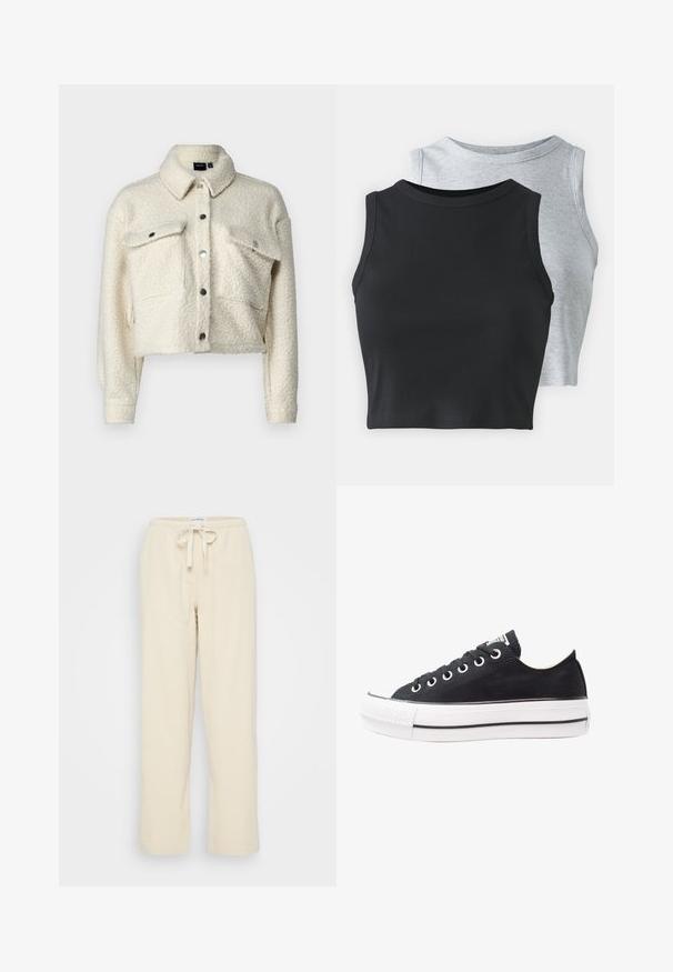 Kraftig creme farvet fleecejakke med knaplukning, krave og to brystlommer. Har sølvfarvede knapdetaljer og en tekstureret overflade.; Even&Odd Petite 2 PACK - Top - light grey/black; Even&Odd Petite Bukser - beige; Sort lærreds sneaker med hvid gummisål, rund tå, lavtop design, metaløjer og en struktureret tåhætte. Tynd sort stribe langs sålen.