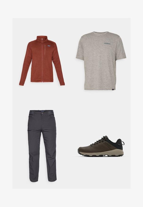 Rust-colored full-zip fleece jacket with stand collar, chest pocket with zipper, and two side pockets, Patagonia logo on left chest.; Gray short-sleeve t-shirt made of soft, textured fabric featuring a small blue Patagonia logo on the left chest. No additional patterns.; Dark gray trousers made of durable fabric, featuring a zippered pocket, straight cut, and belt loops for adjustable fit.; Brown waterproof sneakers with a textured upper, perforated accents, black heel support, and a grey rubber sole. Laces are styled with metallic ends.