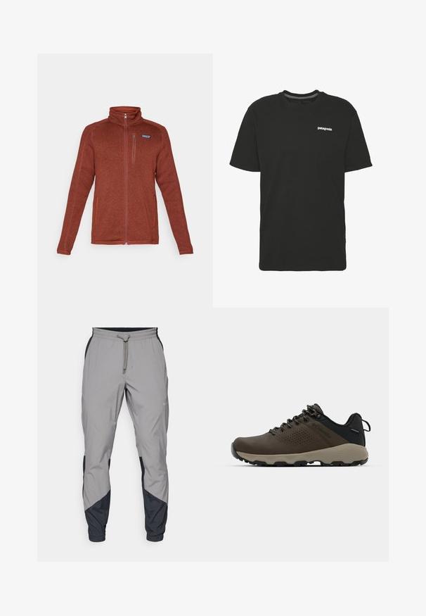 Rust-colored full-zip fleece jacket with stand collar, chest pocket with zipper, and two side pockets, Patagonia logo on left chest.; Black cotton t-shirt with short sleeves, crew neck, and a small white "Patagonia" logo on the chest. Simple, unadorned design.; Lightweight, gray athletic pants with black accents. Elastic waistband, drawstring closure, tapered leg design, and side pockets.; Brown waterproof sneakers with a textured upper, perforated accents, black heel support, and a grey rubber sole. Laces are styled with metallic ends.