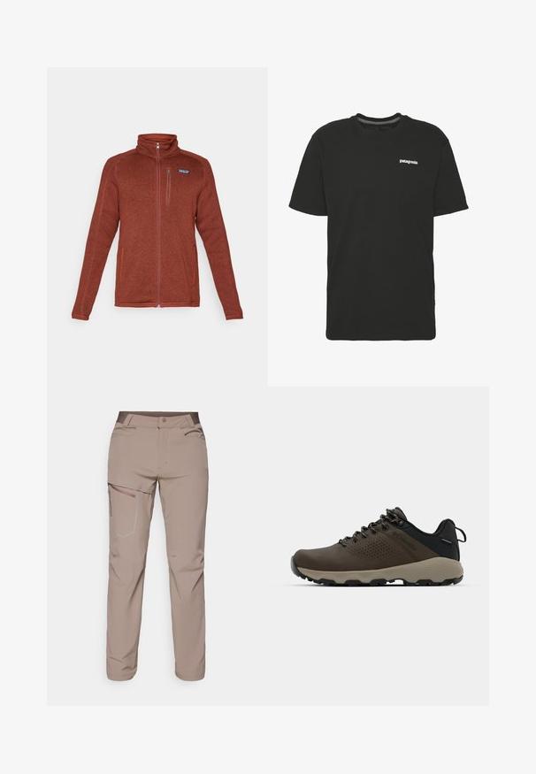 Rozsdabarna, teljes hosszúságú cipzáras fleece dzseki álló gallérral, mellzsebbel, cipzárral és két oldalzsebbel, a bal mellen a Patagonia logóval.; Fekete pamut póló rövid ujjal, kerek nyakkivágással és egy kis fehér "Patagonia" logóval a mellkason. Egyszerű, díszítetlen dizájn.; Salomon WAYFARER PANTS - Szabadtéri nadrágok - iron; Barna vízálló sportcipők texturált felsőrésszel, perforált díszítésekkel, fekete saroktámasszal és szürke gumi talppal. A cipőfűzők fém végződésekkel vannak ellátva.