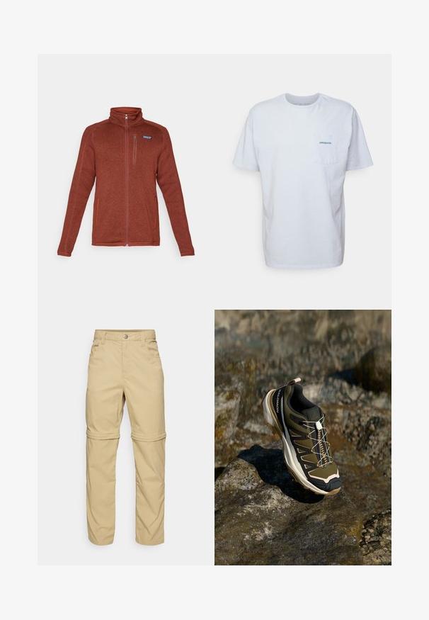 Chaqueta de forro polar de color óxido con cremallera completa, cuello alto, bolsillo en el pecho con cremallera y dos bolsillos laterales, logo de Patagonia en el lado izquierdo del pecho.; Camiseta de algodón blanca de manga corta, con cuello redondo y un bolsillo en el pecho izquierdo que presenta un logotipo azul de "Patagonia". Corte clásico con una textura suave.; Pantalones beige desmontables con una textura suave, que presentan dos bolsillos laterales, un cierre de botón y puños enrollables para mayor versatilidad.; Zapato de senderismo en verde oliva y negro con toques de rosa. Cuenta con una parte superior texturizada, suela flexible, capuchón de punta reforzado y un sistema de cordones colorido.