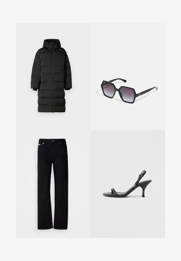 Giacca a vento nera con cappuccio, presenta un taglio lungo e dritto, sezioni trapuntate orizzontali e polsini elasticizzati. Chiusura con zip sul davanti.; Maglietta nera in cotone a maniche corte, con scollatura a girocollo e un design semplice e pulito. Nessun motivo o decorazione visibile.; Pantaloni in denim nero a gamba dritta con cinque tasche, rivetti argentati e chiusura con bottone. Il tessuto ha una finitura liscia e leggermente testurizzata.; Sandali con tacco alto in pelle nera, con tacco sottile e curvo e design a fascia incrociata. Cinghia alla caviglia regolabile. Texture liscia.; Occhiali da sole esagonali neri con lenti sfumate, caratterizzati da una finitura lucida e da un marchio discretamente visibile sulla tempia. Costruzione in plastica resistente.