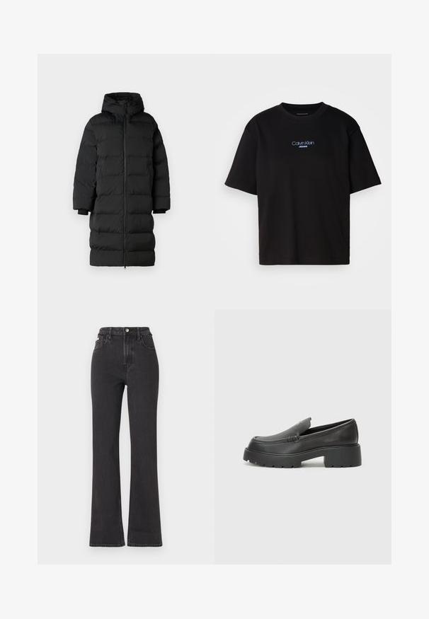 Zwarte pufferjas met capuchon, voorzien van een lange, rechte snit, horizontaal gestikte secties en elastische manchetten. Ritsluiting aan de voorkant.; Zwart katoenen T-shirt met ronde hals, korte mouwen en blauw geborduurd "Calvin Klein JEANS" logo op de voorkant.; Zwarte hoge taille flared jeans van denim, met een knoopsluiting, riemlussen en zijzakken. Gladde textuur met minimale vervaging.; Zwarte leren instappers met een ronde neus, dikke getextureerde zool en minimale stikseldetails. Strak ontwerp zonder zichtbare veters of hardware.