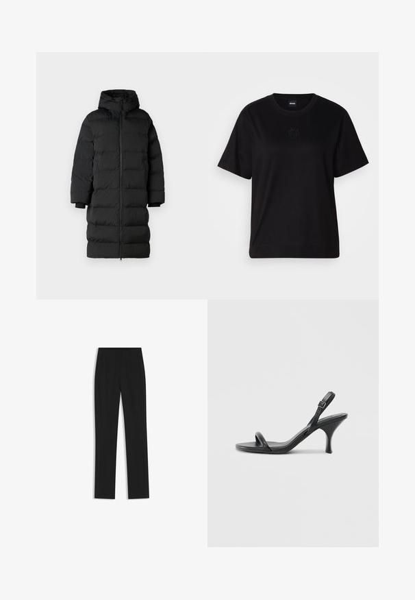 Giacca a vento nera con cappuccio, presenta un taglio lungo e dritto, sezioni trapuntate orizzontali e polsini elasticizzati. Chiusura con zip sul davanti.; Maglietta in cotone nera con scollatura tonda, maniche corte e logo ricamato sul petto. Design semplice e vestibilità rilassata senza motivi.; Pantaloni neri su misura con un design a gamba dritta, dotati di tasche frontali e un tessuto liscio e strutturato. Dettagli ordinati e minimalisti.; Sandali con tacco alto in pelle nera, con tacco sottile e curvo e design a fascia incrociata. Cinghia alla caviglia regolabile. Texture liscia.