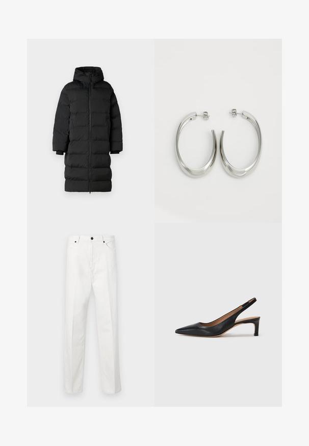 Black puffer coat with a hood, features a long, straight cut, horizontal quilted sections, and elastic cuffs. Zipper closure at the front.; Black cotton t-shirt with a crew neckline, short sleeves, and an embroidered logo on the chest. Simple, relaxed fit with no patterns.; White denim pants featuring a straight cut, button closure, and two front pockets. No visible patterns or embellishments. Smooth texture.; Black leather slingback pump with a pointed toe, low heel, and a smooth texture. Features a thin adjustable strap for a secure fit.; Silver hoop earrings with a smooth, curved design. Features a shiny metallic finish and stud closure. No visible patterns or accents.