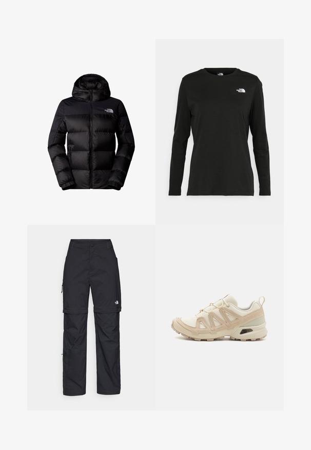 Black puffer jacket with hood, featuring a zip front, elastic cuffs, and quilted design. Brand logo on left chest in white.; Black long-sleeve t-shirt made of cotton with a round neck. Features a small white logo on the left chest area. Simple design and fit.; Black nylon zip-off cargo trousers with adjustable cuffs, multiple pockets, and a logo on the right leg. Smooth, lightweight texture.; Beige and cream athletic shoe with textured mesh upper, supportive overlays, and rubber outsole featuring a tread pattern for traction.