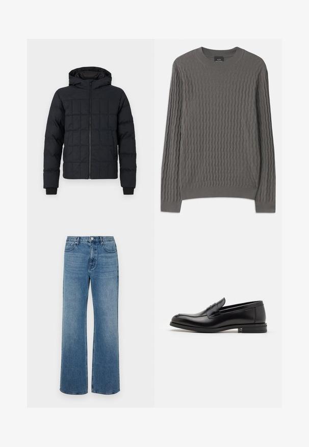 Prešívaná čierna bundu typu puffer s kapucňou, predným zipsom a rebrovanými manžetami. Hladká textúra so štvorecovým vzorom na vonkajšku.; Armani Exchange Svetrík - dark gull zig zag; Džínsy s širokými nohavicami vo farbe modrej, vyrobené z denimovej látky s vyblednutým vzhľadom. Obsahujú päť vreciek, predné zapínanie na gombík a rovný strih.; Čierne kožené mokasíny s hladkou textúrou, zaoblenou špičkou a dekoračným pásikom cez priehlavok. Nízky vrstvený opätok, minimalistický dizajn.