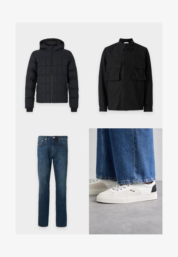 Quilted black puffer jacket with a hood, front zipper, and ribbed cuffs. Smooth texture with square pattern on the exterior.; Black long-sleeve shirt featuring vertical pinstripes, two chest pockets, a collared neckline, and button closure. Soft, textured fabric.; Dark blue denim jeans, straight-leg design, five pockets, button-fly closure, with subtle fading and stitching details. Smooth texture.; White and black sneakers with a smooth leather upper, textured accents, and a chunky white sole. Features a classic lace-up design.