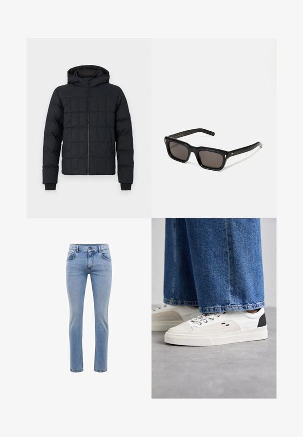 Giacca a vento trapuntata nera con cappuccio, zip frontale e polsini a coste. Tessuto liscio con motivo a quadri sulla parte esterna.; T-shirt bianca a maniche corte in cotone con scollatura rotonda. Design semplice senza fantasie o accenti. Texture liscia.; Jeans in denim blu chiaro con vestibilità slim, cinque tasche e design a gamba dritta. Presenta un'apertura con zip e passanti per cintura. Texture morbida.; Sneaker bianche e nere con parte superiore in pelle liscia, dettagli testurizzati e suola bianca spessa. Presentano un classico design con lacci.; Occhiali da sole neri rettangolari con lenti scure, montatura spessa in plastica, dettagli dorati sulle tempie e logo del marchio inciso sull'asta.