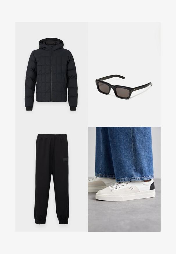 Quilted black puffer jacket with a hood, front zipper, and ribbed cuffs. Smooth texture with square pattern on the exterior.; Icecream JUMBO RUNNING DOG - Print T-shirt - black; Black sweatpants with an elastic waistband and cuffed ankles, featuring side pockets and a textured logo patch on the upper left leg.; White and black sneakers with a smooth leather upper, textured accents, and a chunky white sole. Features a classic lace-up design.; Black rectangular sunglasses with dark lenses, thick plastic frame, gold accents on temples, and brand logo engraved on the arm.