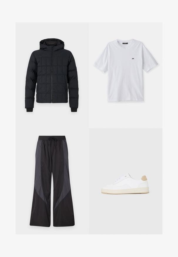 Quilted sort pufferjakke med hætte, frontlynlås og ribbede manchetter. Glat tekstur med firkantet mønster på ydersiden.; Hvid bomulds T-shirt med rund hals og korte ærmer, prydet med et lille sort logo på brystet. Glat tekstur og afslappet pasform.; Han Kjøbenhavn PANELLED TRACK TROUSERS - Træningsbukser - anthracite black; Hvide lavt-op sneakers med en tekstureret læderoverdel, cremefarvet ribbet sål og en tan hælaccent. Har hvide snørebånd og logo-detalje på hælen.