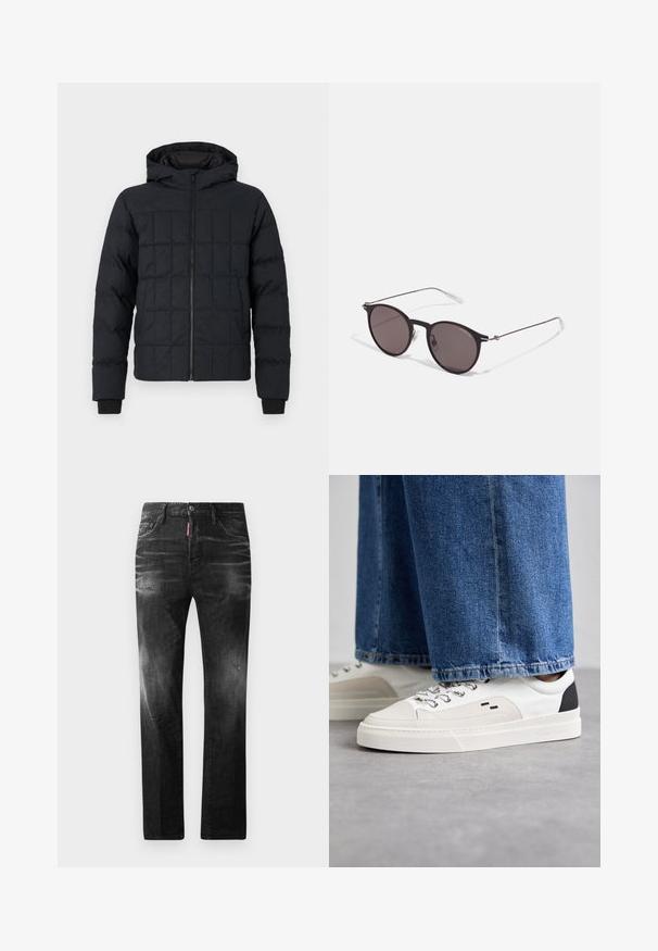 Vooderdatud must puffer-jakk kapuutsiga, ees luku ja soonikkoes. Sile tekstuur, millel on ruudukujuline muster välisküljel.; Must must T-särk, millel on ümmargune kaelus, lühikesed варст и väljend "EMPORIO ARMANI" valgete tähtedega, mille all on kõveras kujunduses sõna "Milano".; Mustad denim püksid otse lõikega. Omavad kulunud piirkondi, väikseid kahjustusi, klassikalist viit taskut ning nööpkinnitust.; Valged ja mustad spordijalatsid sileda nahkpealise, tekstuursete aktsentidega ja paksu valge tallaga. Omab klassikalist nööbistamise disaini.; Mustad mustad prillid tumedate läätsedega ja õhukeste metallist käepidemetega. Kaarja kujuga seljaosa ja hõbedased aktsendid hingel. Minimalistlik disain.