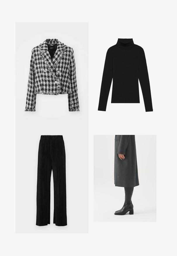 Skraćeni crno-bijeli karirani jakna izrađena od teksturiranog materijala, s dvostrukim preklopom i izmrvljenim rubovima. Uključeni srebrni dugmići.; Crna turtleneck majica dugih rukava, napravljena od rebraste tkanine, ima uski kroj s visokim ovratnikom i bez uzoraka ili dekoracija.; Crne plisirane hlače s elastičnim pojasom. Imaju široke nogavice i glatku, teksturiranu tkaninu s vertikalnim prugama.; Sivi, krojeni kaput ravnog kroja; uparen s crnim kožnim čizmama do koljena koje imaju četvrtasti vrh i debeli potplat.