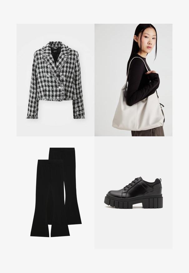 Sagriezts melnbalts šaha jaka, izgatavota no teksturēta materiāla, ar divrindu dizainu un nolietotiem malām. Iekļautas sudraba pogas.; Divas garām piedurknēm krekli: viens melns un viens balts. Abiem ir apaļa izgriezne, raglanu piedurknes un mīksta kokvilnas maisījuma audums.; Melni platie bikses, izgatavotas no elastīgas auduma, ar augstu vidukli un gludu tekstūru, ar pieguļošu dizainu, kas paplašinās no ceļa.; Melnas ādas platformas kurpes ar masīvu bloku papēdi, apaļu purngalu un tradicionālu saistīšanas dizainu. Izceļas ar gludu tekstūru un minimālu apdari.; Bežs rokassoma, izgatavota no mīksta materiāla, ar brīvu dizainu, izšūtu apdari un divām plecu siksnām. Piemērota ikdienas lietošanai.