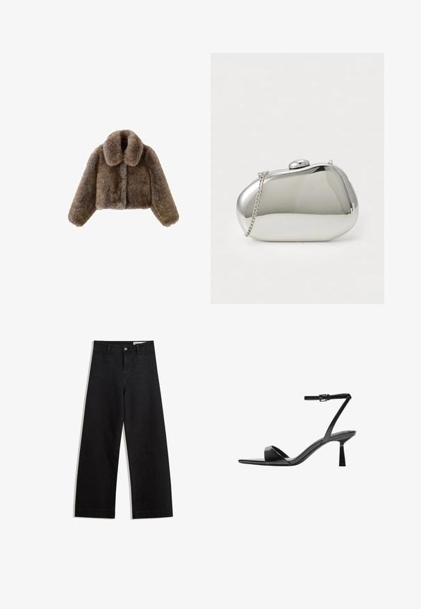 Brown faux fur cropped jacket with a wide collar, full sleeves, textured surface, and front closure. Soft and plush design details.; Black knit sweater with an off-the-shoulder neckline, long sleeves, and ribbed cuffs and hem. Made from soft, textured material.; Black wide-leg denim pants with a high waist, featuring front and back pockets, stitched seams, and a button closure. Smooth texture.; Bershka High heeled sandals - black; Silver metal clutch with a rounded, smooth shape. Features a clasp closure and a detachable chain strap. Reflective surface with no patterns.