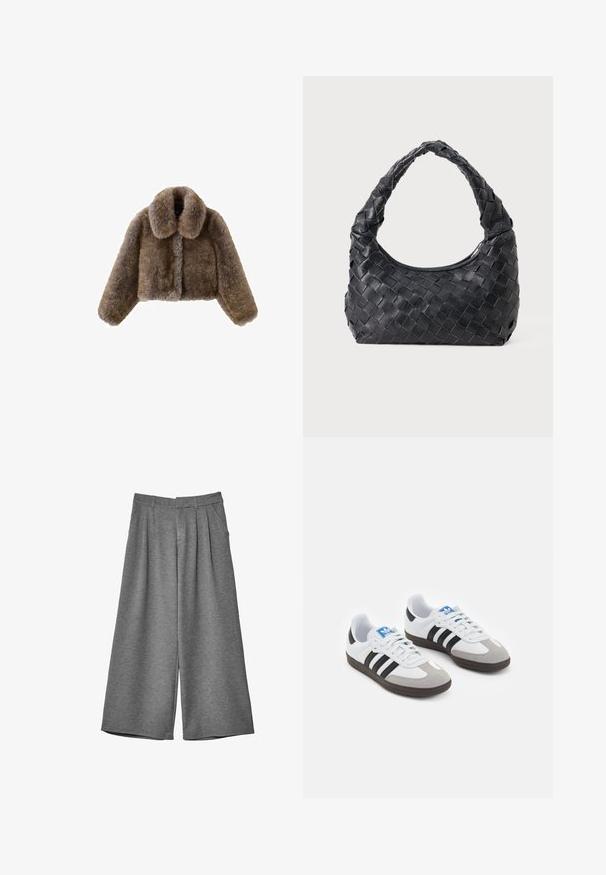 Hnědá umělá kožešinová zkrácená bunda s širokým límcem, plnými rukávy, texturovaným povrchem a předním zapínáním. Měkké a nadýchané designové detaily.; Dlouhé černé tričko z měkké látky, s širokým výstřihem a mírně volným střihem, bez viditelných vzorů nebo kovových detailů.; Šedé široké zkrácené kalhoty s poutky na opasek, bočními kapsami a předními záhyby, vyrobené z měkké tkaniny.; Sportovní boty s bílým koženým svrškem, šedou semišovou špičkou a třemi černými pruhy. Obsahují modré logo na jazyku a texturovanou gumovou podrážku.; Černá kožená tkaná taška přes rameno s zaoblenou rukojetí a měsíčkovým tvarem na jednobarevném pozadí.