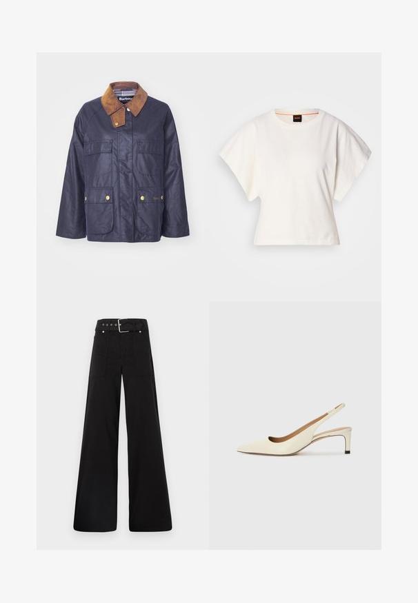 Jachetă din bumbac cerat navy cu guler din bumbac căptușit maro, două buzunare frontale cu clapă și nasturi aurii. Prezintă detaliul logo-ului Barbour.; Tricou alb scurt, cu mâneci scurte și largi, din bumbac moale, cu decolteu rotund și un finisaj subtil portocaliu, design minimalist, fără modele sau grafice.; Pantaloni negri cu croială largă, confecționați din bumbac, cu talie înaltă, buzunare laterale mari și talie prevăzută cu brâu cu accente din metal argintiu.; Sandal cu vârful ascuțit, tip slingback, din piele albă, cu toc jos și design decupat, având o textură fină și accente minime.