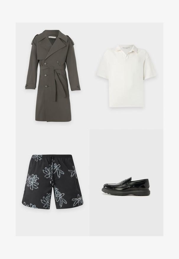 Gray trench coat made of lightweight fabric, featuring double-breasted buttons, a belted waist, and epaulettes on the shoulders.; Short-sleeve polo shirt in white, made of textured fabric. Features a classic collar and a subtle placket with two buttons.; Black swim shorts featuring a glossy floral pattern in light grey. Elastic waistband with drawstring and logo detail on the lower right side.; Black leather loafer with a glossy finish, rounded toe, subtle stitching details, and a thick rubber sole for durability.