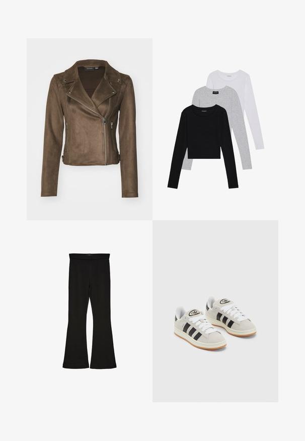 Rjava umetna semiš motoristična jakna z razrezanim ovratnikom, asimetričnim zadrgo, stranskimi žepi in dolgimi rokavi. Gladka tekstura in oprijet dizajn.; Tri dolga rokava zložena: črna, siva in bela. Vsaka ima okroglo izreznico in skrajšan dizajn z gladkim, lahkotnim materialom.; Črne flare leggings iz raztegljive tkanine. Imajo širok pas in gladko teksturo, s prilegajočo silhueto, ki se na robu razširi.; Sive športne čevlje iz semiša z belimi vezalkami, črnimi črtami in belim gumijastim podplatom. Imajo okroglo oznako na ježku in podplat iz gume.