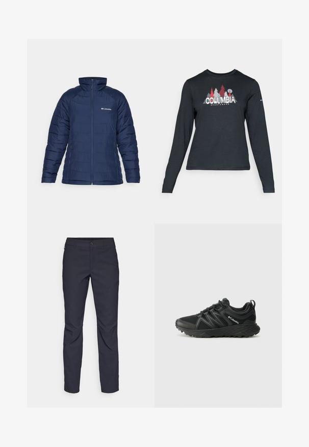 Marine blå pufferjakke laget av quiltet stoff, med høy krage og full glidelås foran. Inkluderer sidelommer og en diskret merkevarelogo.; Langermet mørkegrå skjorte med grafikk av røde trær og fjell; "COLUMBIA" logo i fet hvit tekst. Mykt stoff, standard rund hals.; Marineblå bukser laget av glatt stoff, med frontknappelukking, slim-fit design og pressede detaljer ved knærne.; Columbia PEAKFREAK - Fjellsko - black