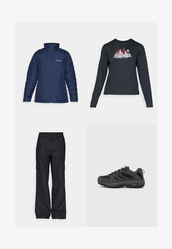 Granatowa kurtka puchowa wykonana z pikowanej tkaniny, z wysokim kołnierzem i pełnym zamkiem z przodu. Zawiera kieszenie boczne i subtelne logo marki.; Długie rękawy, ciemnoszara koszula z grafiką czerwonych drzew i gór; logo "COLUMBIA" w wyraźnym białym tekście. Miękka tkanina, standardowy okrągły dekolt.; Columbia - Długie spodnie trekkingowe; Columbia REDMOND czarny