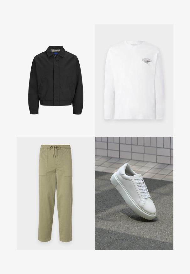 Černá zkrácená bunda s klasickým límcem, dvěma předními kapsami a elastickým lemem. Hladká textura s knoflíkovým zapínáním.; Bílá dlouhá rukávová tričko s kulatým výstřihem a malým černým textem "JACK & JONES Coll. Studio" na horní levé straně hrudníku.; Pantalony světle olivové barvy vyrobené z bavlněné směsi, s elastickým pasem na šnůrku a dvěma velkými bočními kapsami.; Bílé kožené tenisky s hladkým povrchem, kulatou špičkou a plochými bílými tkaničkami. Disponují texturovanou gumovou podrážkou a minimálními designovými prvky.
