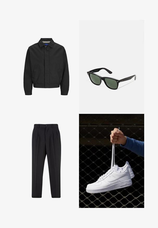 Juodas trumpas švarkas su klasikiniu apykakle, dviem priekinėmis kišenėmis ir guma susitraukiančiu apdailu. Lygi tekstūra su mygtukų uždarymu.; Balta medvilninė marškinėlių užsagėlė su trumpomis rankovėmis, apvaliu kaklu, laisva forma ir be matomų logotipų ar raštų. Lygi tekstūra ir minimalus dizainas.; Juodi kelnių su raukšlėtu priekiu dizainu, pagaminti iš lygaus audinio. Su mygtuko užsegimu ir diržo kilpomis; tiesios kojų formos.; Balti odiniai sportiniai bateliai su perforacijomis, apvalia nosimi, plokščiu padu ir storomis raištelėmis, su matomu swoosh logotipu ir "AIR" ant kulno.; Juodi plastikiniai saulės akiniai su žaliais objektyvais, kvadratiniais rėmeliais, sidabriniu akcentu ant antakio ir tekstūruotais šventyklų šakutėmis. Vidinėje šakutėje nurodyta prekės ženklo pavadinimas.