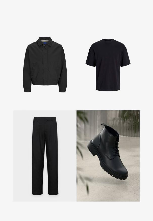 Zwarte cropped jack met een klassieke kraag, twee voorkruimels en een elastische zoom. Gladde textuur met een knoopsluiting.; Zwarte katoenen t-shirt met een ronde halslijn, korte mouwen en een relaxte pasvorm. Glad textuur en geen zichtbare patronen of accenten.; Zwarte broeken van gladde stof, met een recht model, twee voorknikken en een standaard tailleband met riemlussen.; Zwarte leren enkelboots met een ronde neus, vetersluiting en robuuste rubberen zool. Gladde textuur met een bevestigingslus aan de achterkant.