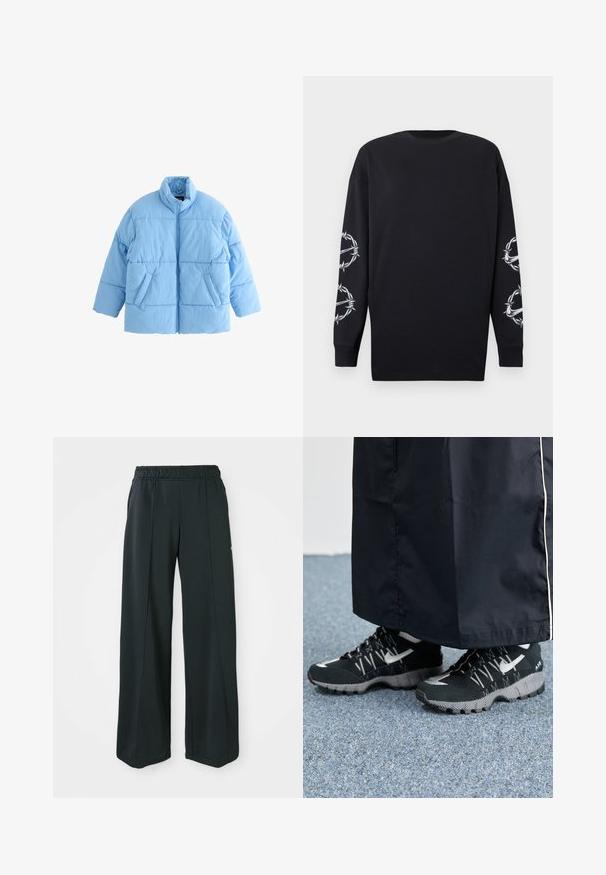 Veste légère en duvet bleu clair avec un col haut, une fermeture éclair exposée et deux poches à l'avant. Le tissu a une texture lisse et matelassée.; T-shirt noir à manches longues avec un col rond, présentant des graphismes de fil barbelé blanc et de soigne sur les deux manches.; Pantalons de sport noirs à jambes larges avec une taille élastique. Fabriqués en tissu lisse et extensible, avec des coutures avant discrètes et sans poches.; Des chaussures de sport noires avec un dessus texturé, des accents argentés et une semelle extérieure à motifs, associées à un long vêtement noir. Présentées sur un tapis bleu.