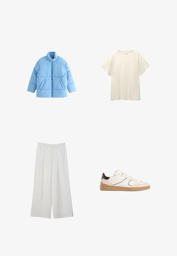 Light blue puffer jacket featuring a high collar, exposed zipper, and two front pockets. The fabric has a smooth, quilted texture.; Light beige short-sleeve t-shirt with a round neckline, made of soft, smooth fabric. Features a relaxed fit and straight hemline.; White wide-leg trousers made of lightweight fabric, featuring an elastic waistband and a drawstring for adjustable fit. Smooth texture.; Stradivarius Trainers - white