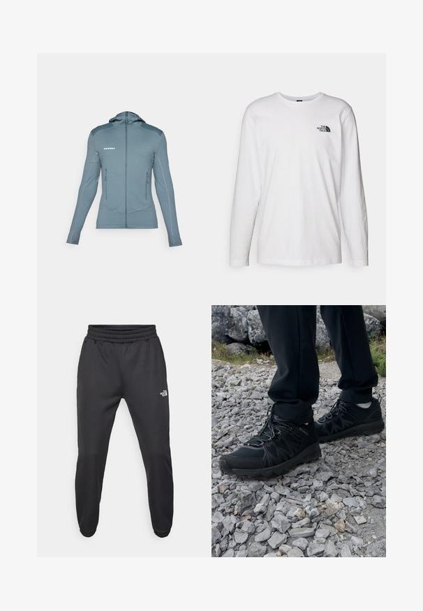 Lichtblauwe softshell jas met capuchon en ribbelstructuur, voorzien van voorzakken met rits en contrasterende stiknaaddetails voor een extra accent.; Witte lange mouwen T-shirt gemaakt van katoen met een ronde hals. Beschikt over een klein zwart logo op de borst. Soepele textuur, normale pasvorm.; Zwarte sweatpants met een trekkoord in de taille, tapered fit, elastische boorden en een klein wit logo op de linker dij, gemaakt van gladde stof.; Zwarte buitenschoenen van mesh en synthetisch materiaal, met een gestructureerd bovenwerk, een beveiligd vetersysteem en een robuuste zool, op een ruig terrein.