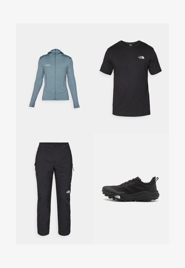 Hætte softshell-jakke i lyseblå med ribbet tekstur, der har frontlommer med lynlås og kontrasterende søm detaljer for tilføjet stil.; Sort kortærmet t-shirt lavet af bomuld, med rund halsudskæring og et lille hvidt logo på den øverste venstre brystområde.; The North Face WINTER EXPLORATION TAPERED CARGO - Outdoorbukser - black; Sort trail løbesko med en struktureret overdel, gummisål og forstærket tåhætte. Har en polstret krave og en pull-tab til nem påtagning.