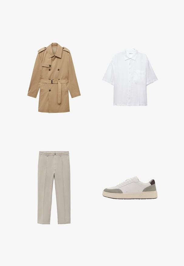Beige Trenchcoat mit doppelt geknöpftem Design, Schulterklappen, tailliertem Gürtel und zwei Fronttaschen. Hergestellt aus glattem Stoff.; Weißes Kurzarmhemd mit Knopfleiste, Kragen und einer Brusttasche. Aus leichtem Stoff mit glatter Textur gefertigt.; Helle beige Hose aus einem Baumwollgemisch mit geradem Bein, Frontfalten, einem Knopfverschluss und Seitentaschen.; Weiße Sneakers mit grauen Wildleder- und dunkelbraunen Lederakzenten. Verfügt über ein Schnürdesign, eine abgerundete Zehenpartie, eine dicke weiße Gummisohle und minimalen Nähten.