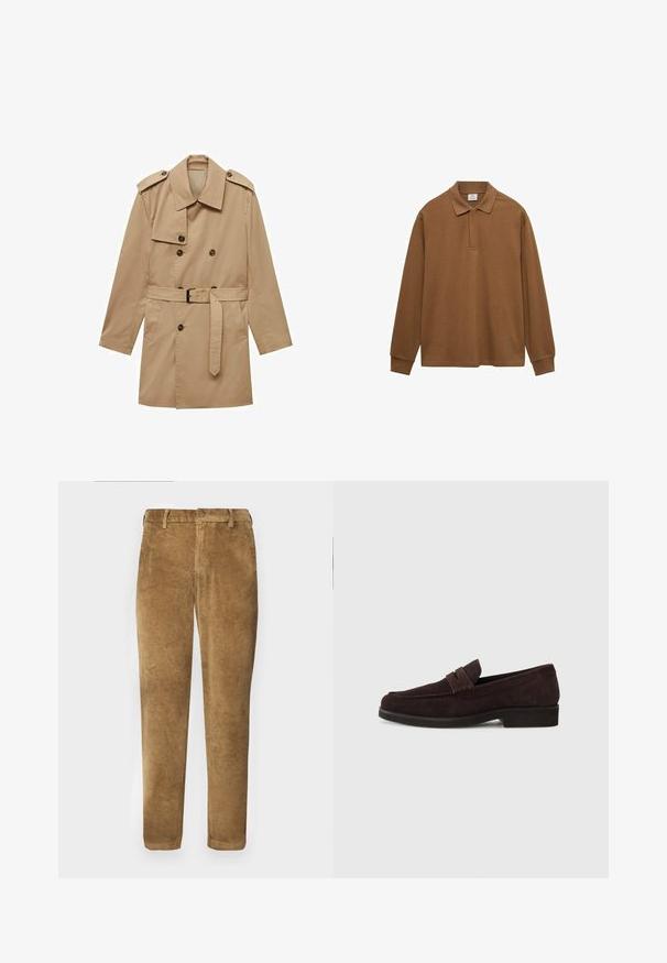 Cappotto trench beige con design doppiopetto, con spalline sulle spalle, vita cinturata e due tasche frontali. Realizzato in tessuto morbido.; Polo shirt marrone a maniche lunghe realizzato in cotone, con colletto, pattina con bottoni e polsini a costine; texture liscia e vestibilità rilassata.; Pantaloni in corduroy marroni con texture a coste verticali, taglio dritto, chiusura con bottone e passanti per cintura. Tessuto morbido con una finitura liscia.; Mocassini in suede marrone con profilo basso e punta arrotondata. Presentano una fascia decorativa sulla parte superiore, suola piatta in gomma e nessuna cucitura visibile.